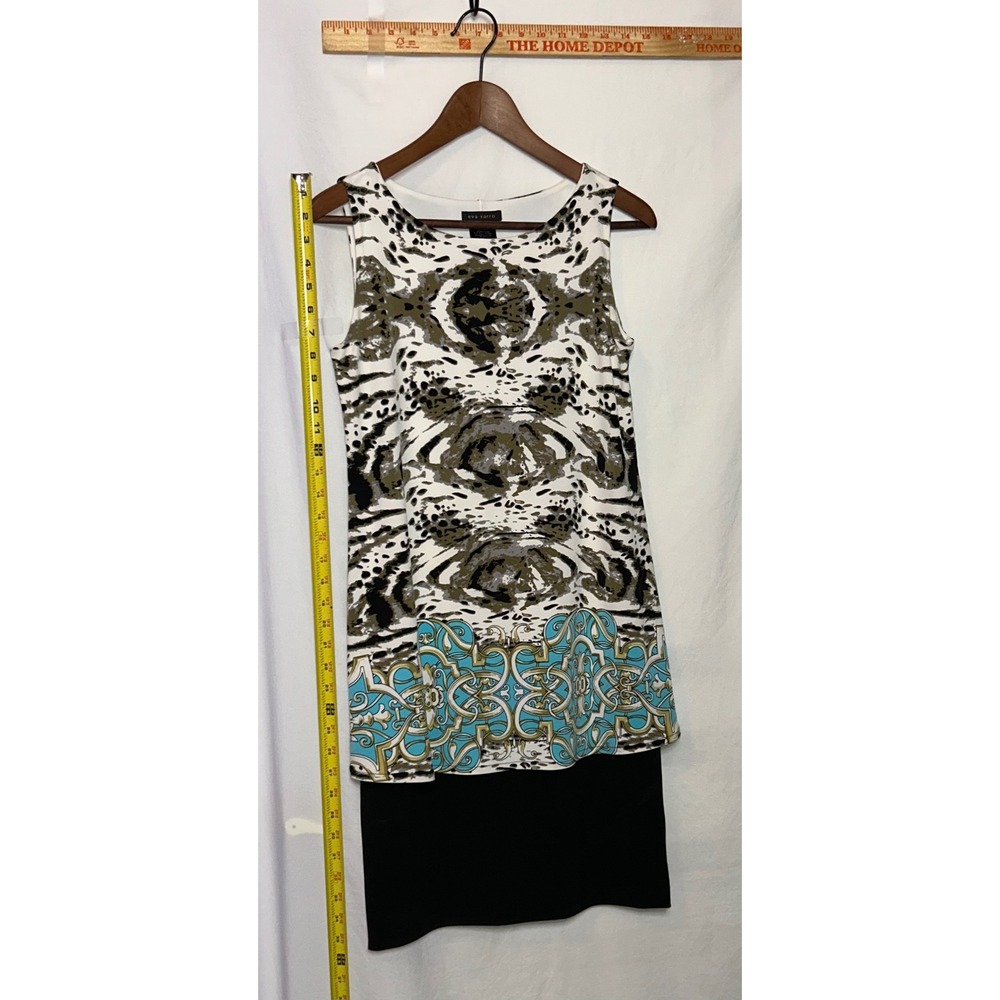 Eva Varro Sleeveless Mixed Print Sheath Dress Black White Teal Small Made in USA